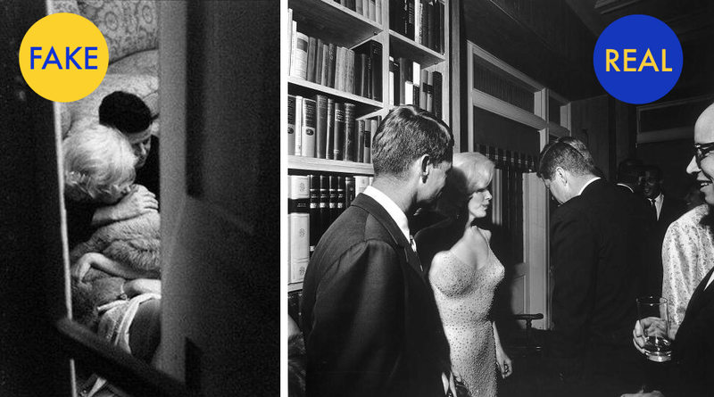 Lookalikes of Marilyn Monroe and JFK (left); The real Marilyn Monroe and JFK at a fundraiser in May 19, 1962 (right)